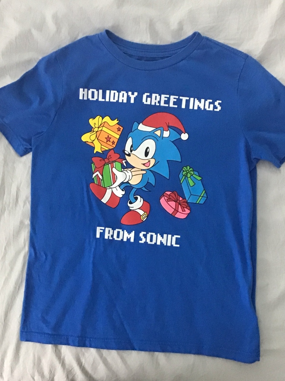 Blue Sonic Holiday Christmas Graphic Short Sleeve Tee Shirt Kids Large 10-12